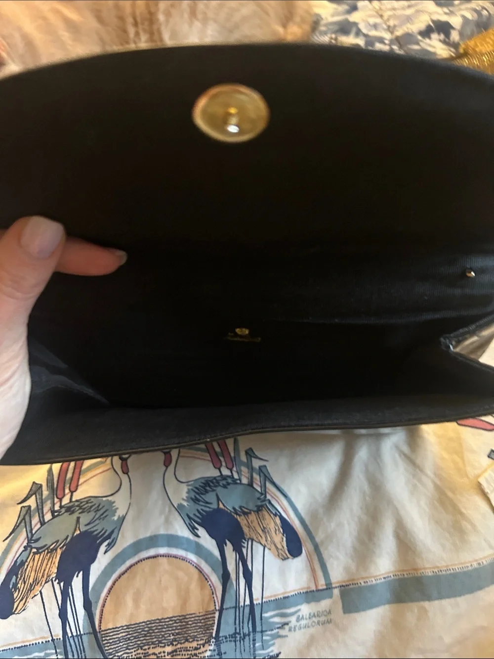 Vintage Miss Lewis Black Patent Envelope Clutch with Gold Owl Emblem